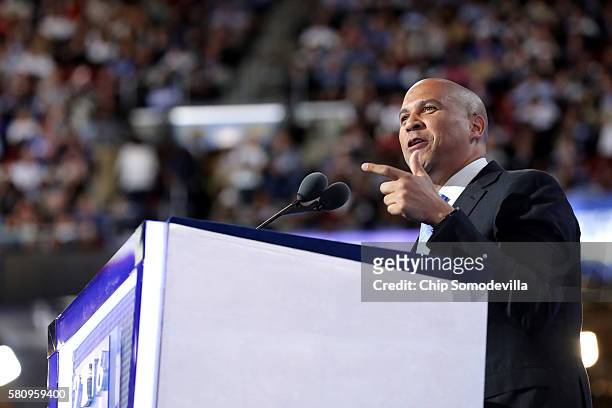 Sen. Cory Booker delivers remarks on the first day of the Democratic National Convention at the Wells Fargo Center, July 25, 2016 in Philadelphia,...