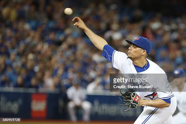 Toronto Blue Jays relief pitcher Roberto Osuna records the save as the Toronto Blue Jays beat the San Diego Padres 4-2 at the Rogers Centre in...