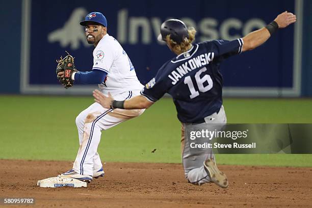 With Travis Jankowski sliding in Toronto Blue Jays second baseman Devon Travis turns the double play in the eighth inning as the Toronto Blue Jays...