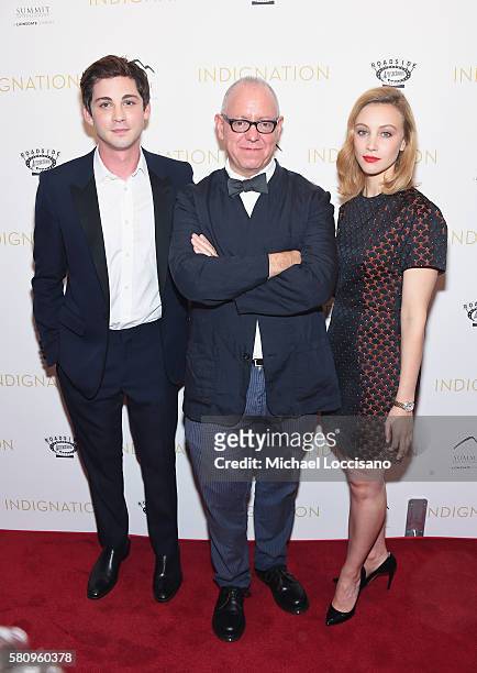 Actor Logan Lerman, Director/Writer/Producer James Schamus, and actress Sarah Gadon attend the "Indignation" New York premiere at the Museum of...