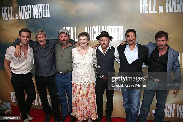 Chris Pine, Jeff Bridges, David Mackenzie, Margaret Bowman, Ben Foster, Gil Birmingham and Taylor Sheriden attend the premiere of the new film "Hell...