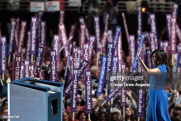 First lady Michelle Obama acknowledges the crowd after delivering remarks on the first day of the Democratic National Convention at the Wells Fargo...