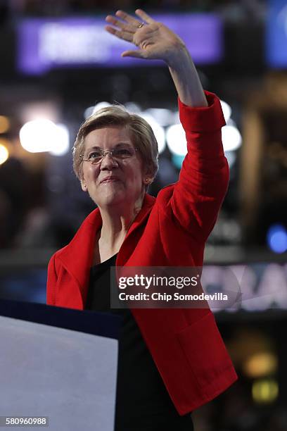 Sen. Elizabeth Warren delivers remarks on the first day of the Democratic National Convention at the Wells Fargo Center, July 25, 2016 in...