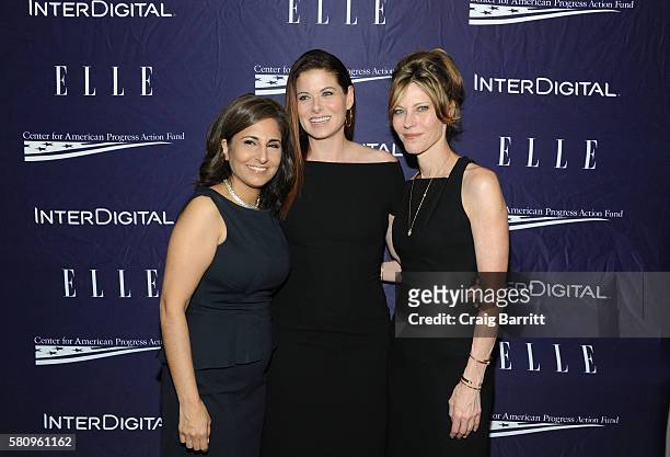 Neera Tanden, Debra Messing and Robbie Myers attend a reception hosted by ELLE Editor-in-Chief Robbie Myers and Center for American Progress...