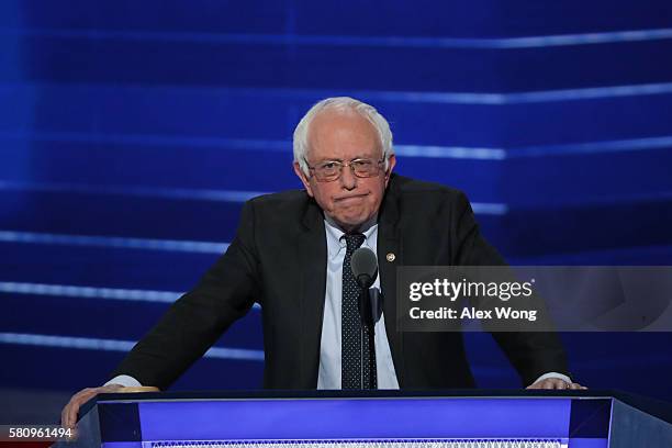 Sen. Bernie Sanders delivers remarks on the first day of the Democratic National Convention at the Wells Fargo Center, July 25, 2016 in Philadelphia,...