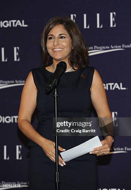 Neera Tanden attends a reception hosted by ELLE Editor-in-Chief Robbie Myers and Center for American Progress President, Neera Tanden, sponsored by...