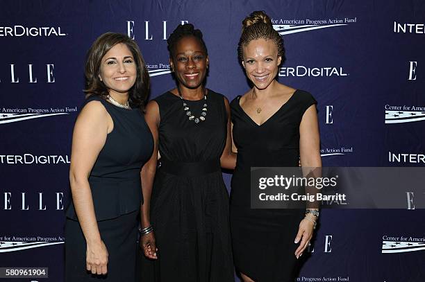 Neera Tanden, Chirlaine McCray and Melissa Harris Perry attends a reception hosted by ELLE Editor-in-Chief Robbie Myers and Center for American...