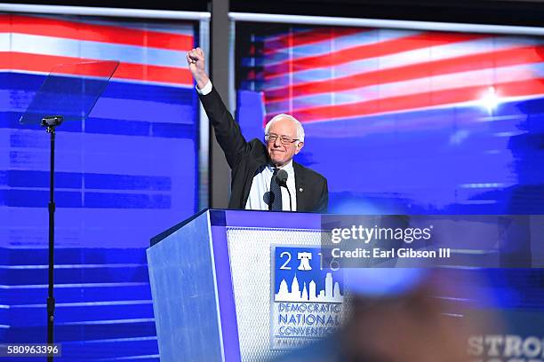 Bernie Sanders speaks to the crowds at the 2016 Democratic National Convention-Day 1 at Wells Fargo Center on July 25, 2016 in Philadelphia,...