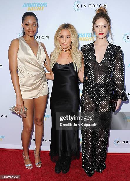 Bria Murphy, Ashley Tisdale and Janet Montgomery arrive at the Los Angeles Premiere of "Amateur Night" at ArcLight Hollywood on July 25, 2016 in...