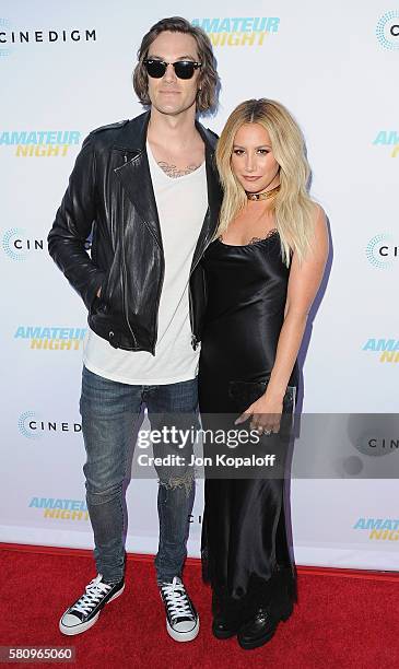 Christopher French and wife Ashley Tisdale arrive at the Los Angeles Premiere of "Amateur Night" at ArcLight Hollywood on July 25, 2016 in Hollywood,...