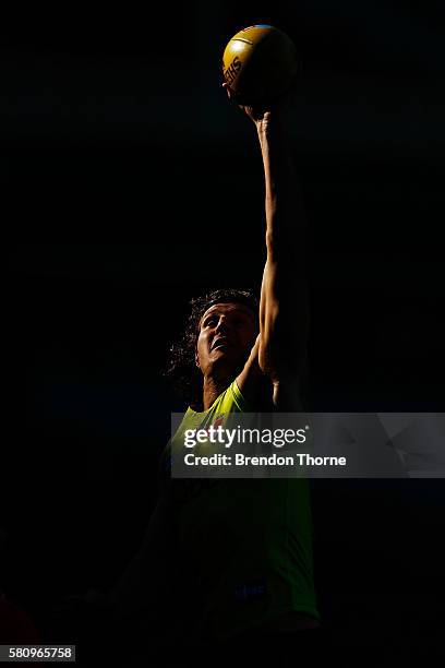 Kurt Tippett of the Swans contests a ball during a Sydney Swans AFL training session at Sydney Cricket Ground on July 26, 2016 in Sydney, Australia.