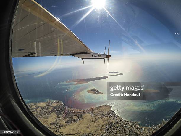 This handout image supplied by Jean Revillard, shows an image shot by the pilot Bertrand Piccard of Solar Impulse2 during the flight over the Red Sea...