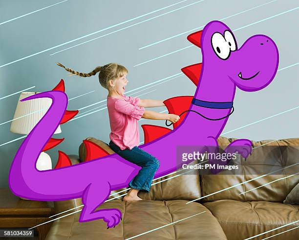 little girl riding illustrated dragon - imagination stock pictures, royalty-free photos & images