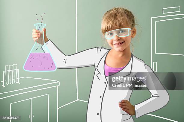 7 year old scientist holding a cartoon beaker - combinação de técnicas de desenho imagens e fotografias de stock