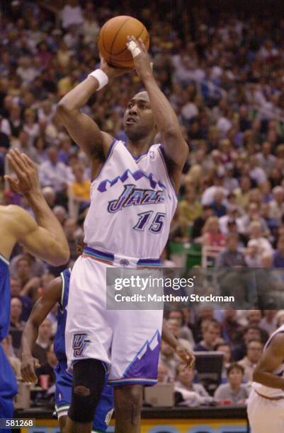 Danny Manning of the Utah Jazz puts a shot up over the Dallas Mavericks in game 2 of the NBA Playoffs at the Delta Center in Salt Lake City, Utah....