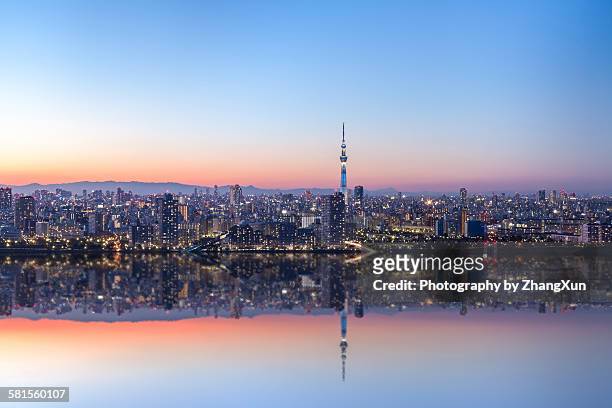 urban reflection image of tokyo at night - prefettura di tokyo foto e immagini stock