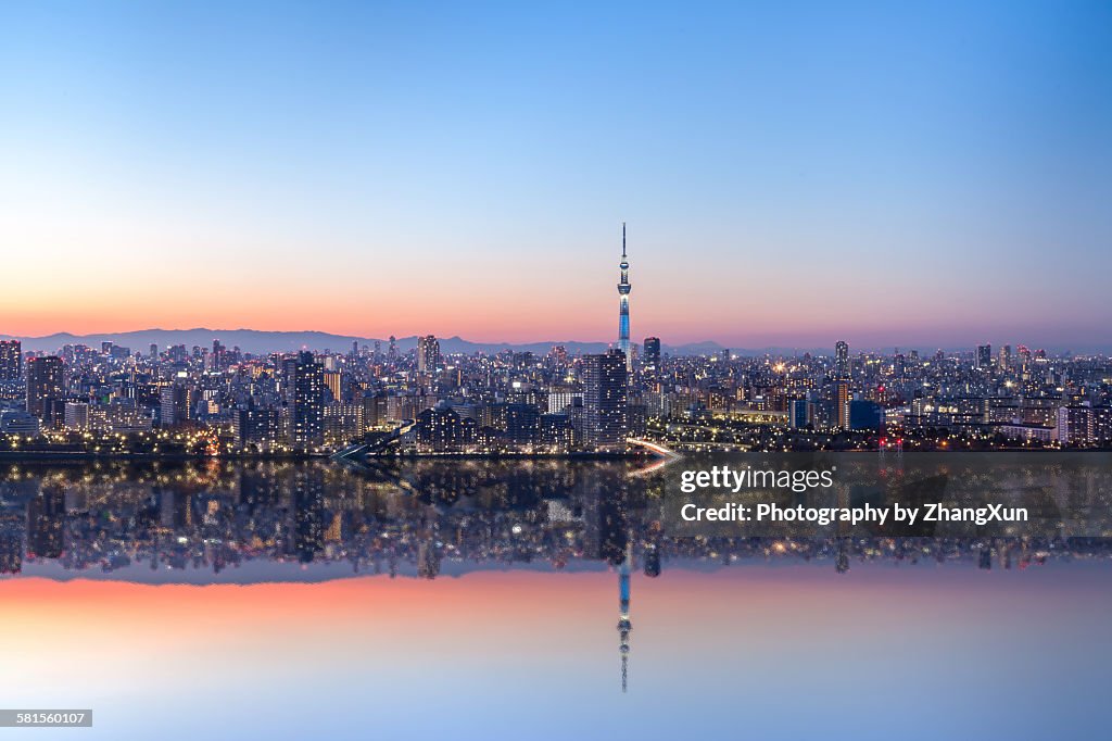 Urban reflection image of Tokyo at night