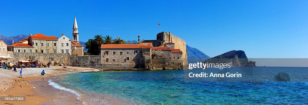 Budva Old Town And Beach Panorama Montenegro High Res Stock Photo budva-old-town-and-beach-panorama-montenegro-high-res-stock-photo