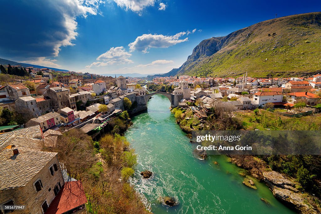 Mostar bridge and Neretva River from above, Bosnia