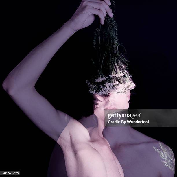 double exposure boy with flowers - boy armpit stock-fotos und bilder