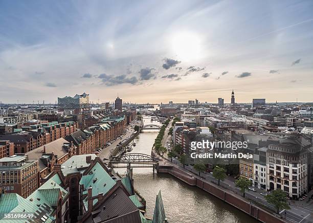 hamburg speicherstadt and hafencity aerial view - skyline stock-fotos und bilder