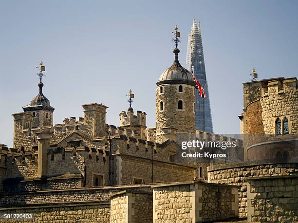 View of the Tower of London with the top of The Shard behind it, London, 10th September 2015.