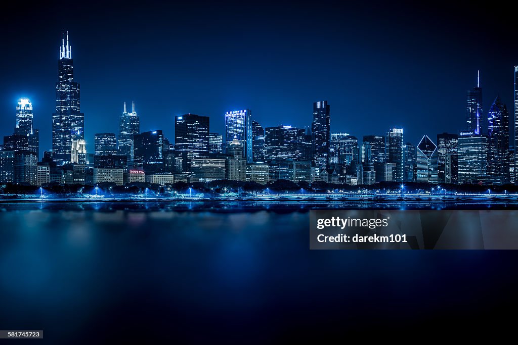 Chicago skyline at Night, Illinois, USA