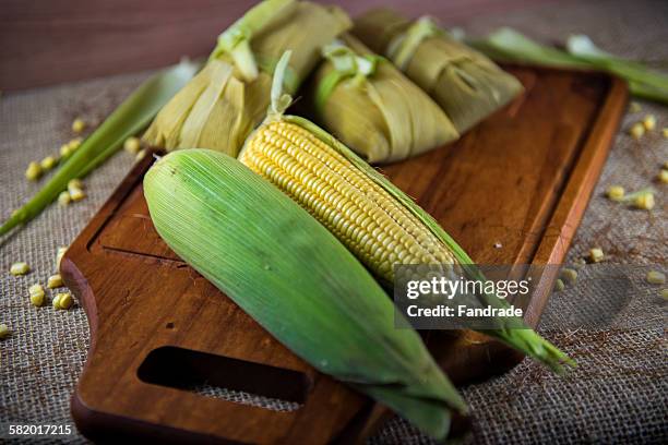 photo corn cob and pamonha, brazil's food - tamal de maíz fotografías e imágenes de stock