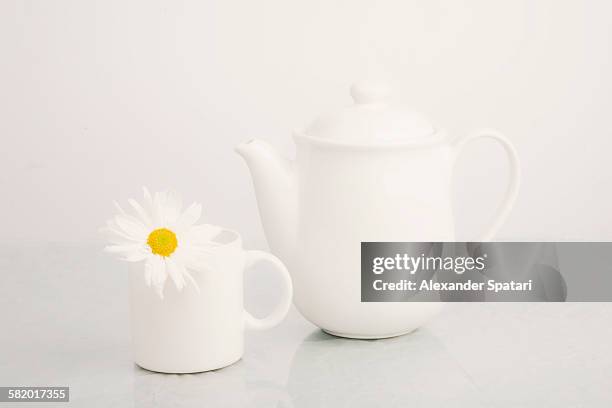 tea set with camomile flower on white background - 急須 ストックフォトと画像