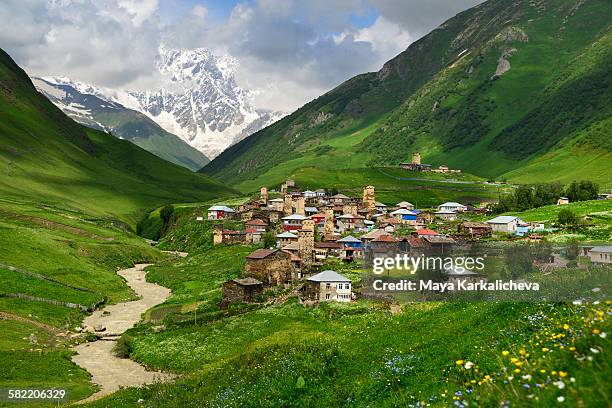 ushguli village and shkhara range - caucasus stock pictures, royalty-free photos & images