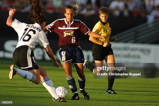 Christine McCann of the Boston Breakers tries to feed the ball past Erin Montoya of the San Diego Spirit at Torero Stadium in San Diego, California....