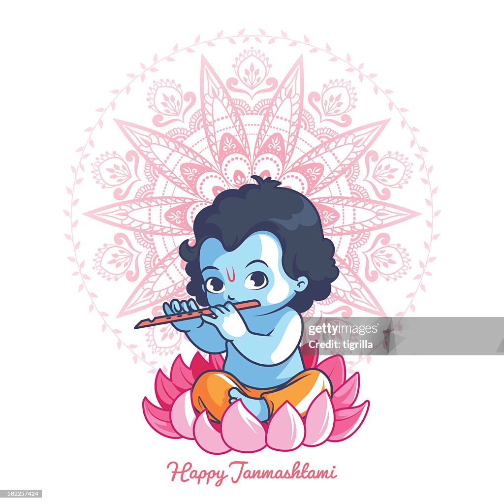 Little Cartoon Krishna With A Flute On The Lotus High-Res Vector Graphic -  Getty Images