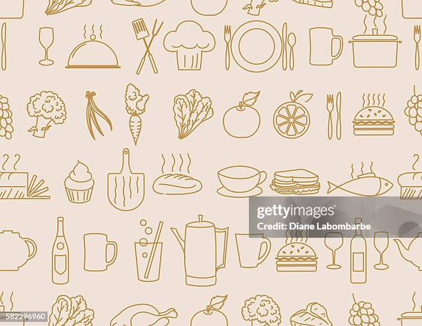 stockillustraties, clipart, cartoons en iconen met thin line art restaurant and food industry icons seamless pattern - chicken drawing