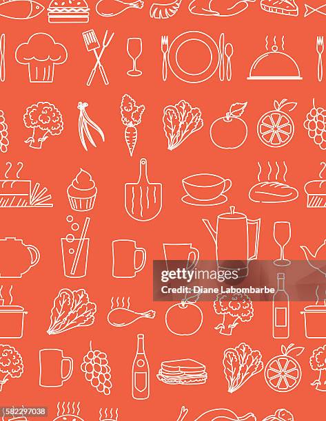 thin line art restaurant and food industry icons seamless pattern - chicken broccoli stock illustrations