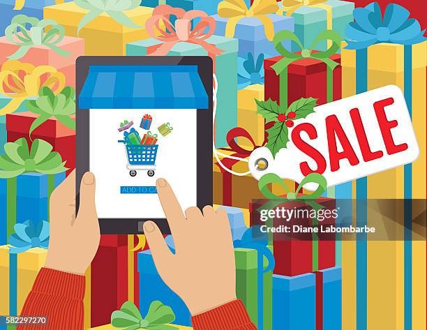 concept for online christmas shopping using a tablet - personal perspective stock illustrations