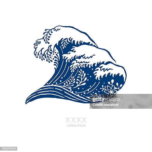 bildbanksillustrationer, clip art samt tecknat material och ikoner med big navy blue wave japanese style - pacific ocean