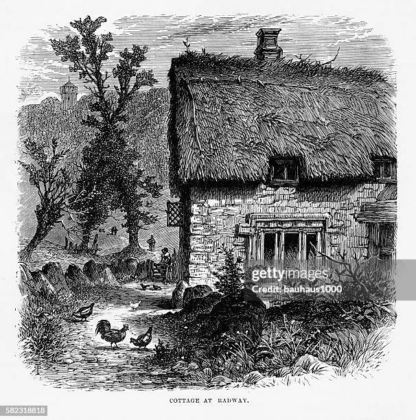 thatch roof cottage in radway, england viktorianischen gravur, ca. 1840 - thatched roof stock-grafiken, -clipart, -cartoons und -symbole