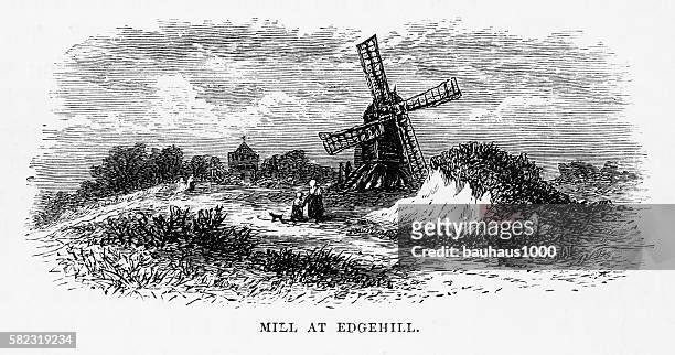 stockillustraties, clipart, cartoons en iconen met windmill in edgehill, england victorian engraving, circa 1840 - northamptonshire