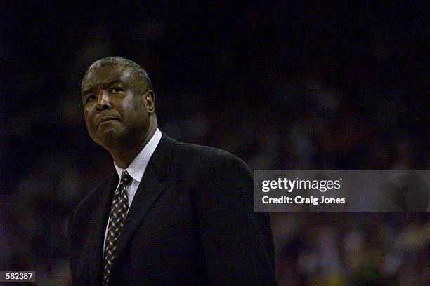 Head coach Paul Silas of the Charlotte Hornets looks on in game three of round one of the NBA playoffs against the Miami Heat at the Charlotte...