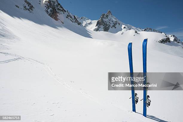 ski planted on the snow - bloccato foto e immagini stock