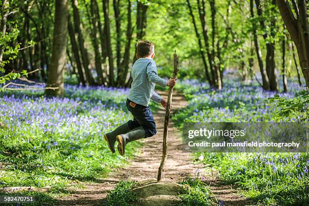 boy leaping in bluebell wood - ブルーベルウッド ストックフォトと画像