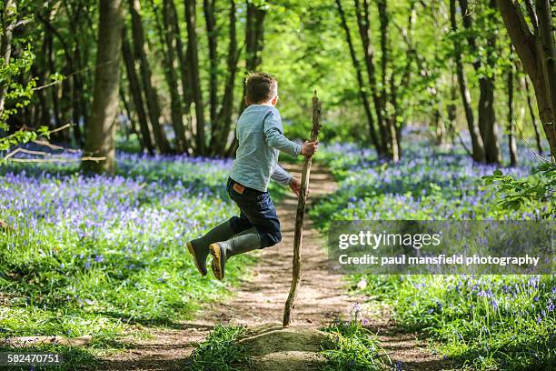 boy leaping in bluebell wood - bluebell woods imagens e fotografias de stock