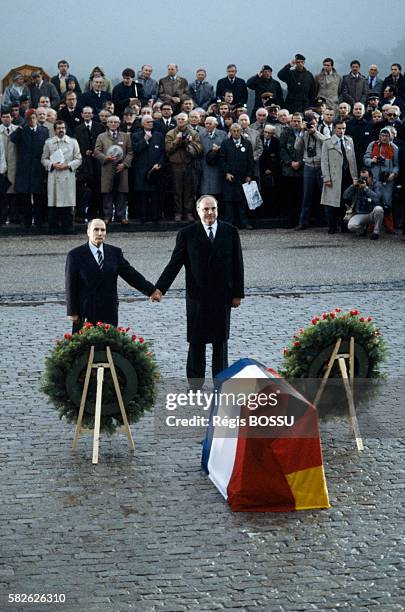 French President François Mitterrand and Chancellor of Germany Helmut Kohl pay homage to fallen soldiers from the First World War at a Franco-German...