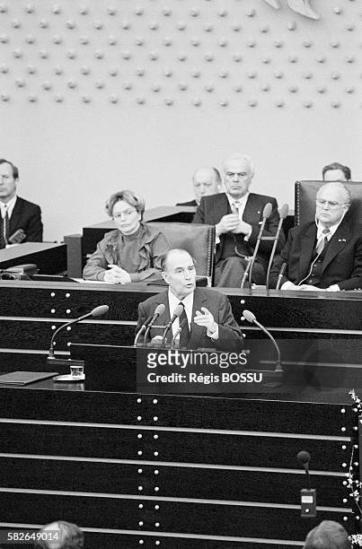 French President Francois Mitterrand delivers a speech at the Bundestag on the occasion of the 20th anniversary of the Elysee Treaty.
