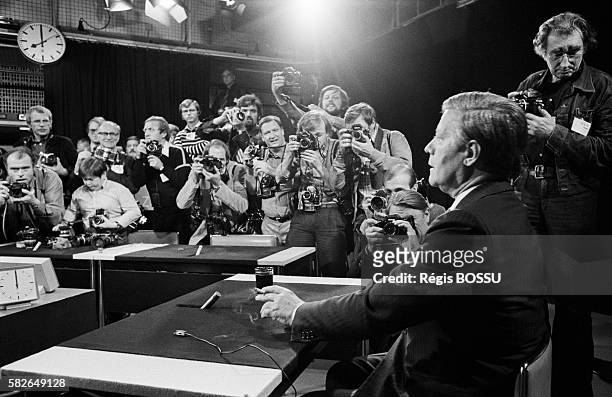 Televised debate between Social Democratic Party representatives, Chancellor Helmut Schmidt and Willy Brandt, and the Christian Democratic Union of...