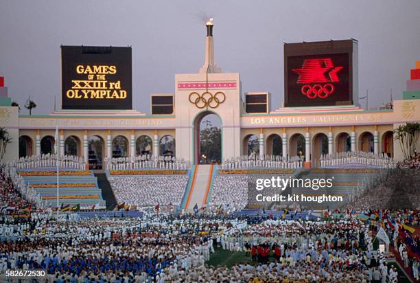 The opening ceremony at the 23rd Olympic Games held in Olympic Statium, Los Angeles in 1984.
