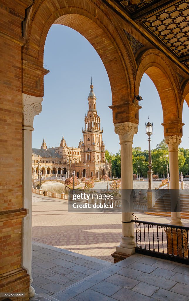 Tower of Plaza de Espana in Seville, Spain