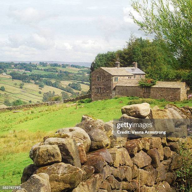 cottage and dry stone wall - stenen muur stockfoto's en -beelden