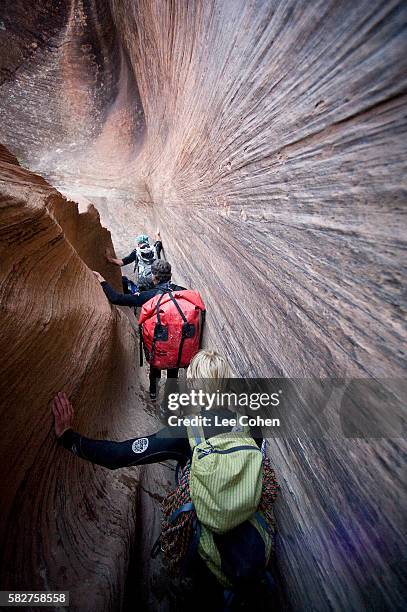 canyoneering zion national park - spelunking stockfoto's en -beelden