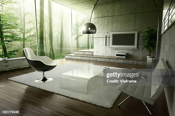 living room in the forest - innenarchitektur stock-fotos und bilder